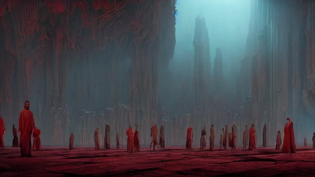 Image similar to strange creatures guard a glowing temple, film still from the movie directed by Denis Villeneuve with art direction by Marc Simonetti, wide lens