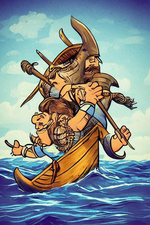 Prompt: “Poster of Vikings in a viking boat on the ocean fighting with sea monster. Retro caricature.”