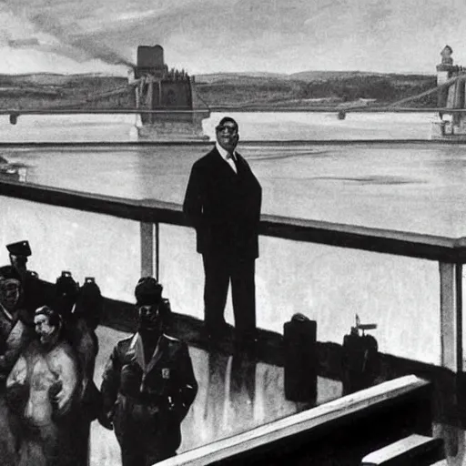 Image similar to leader of fascist hungary, viktor orban, overseeing the war torn city on the bank of danube river in budapest during the siege 1 9 4 5, by edward hopper