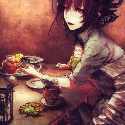 Image similar to goth woman eating dinner color page, tankoban, 4 k, tone mapping, akihiko yoshida, james jean andrei riabovitchev marc simonetti, yoshitaka amano, long hair, curly, h. hydrochaeri