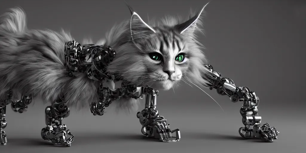 Image similar to maine coon robot cat made of shiny plastic, [ scifi, robot, epic, cinematic, 8 k, octane render, ultra detailed, intricate, ornate, cybernetics, giger, biomechanical ]