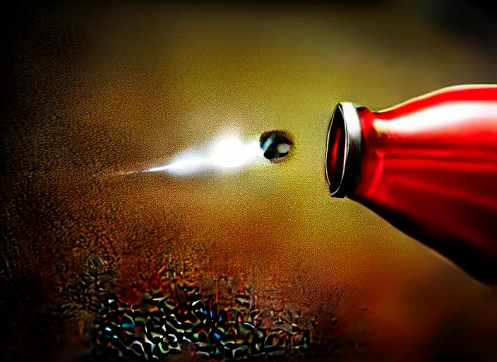 Prompt: hyperrealism, detailed textures, photorealistic 3 d render, a rifle bullet going through a coke bottle, sharp focus, ultra realistic, ultra high pixel detail, cinematic, intricate, cinematic light, concept art, illustration, art station, unreal engine 8 k