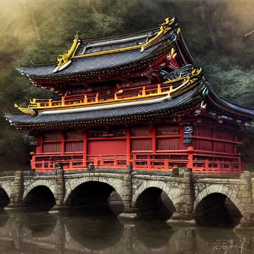 Image similar to brother grimms samurai temple bridge digital art, irina french, heraldo ortega, mandy jurgens golden ratio, art canvas, award winning, masterpiece, trending on artstation, 8 k 1 5 0 mpx