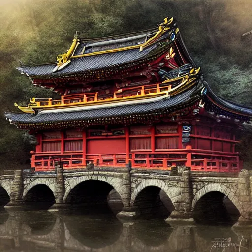 Prompt: brother grimms samurai temple bridge digital art, irina french, heraldo ortega, mandy jurgens golden ratio, art canvas, award winning, masterpiece, trending on artstation, 8 k 1 5 0 mpx