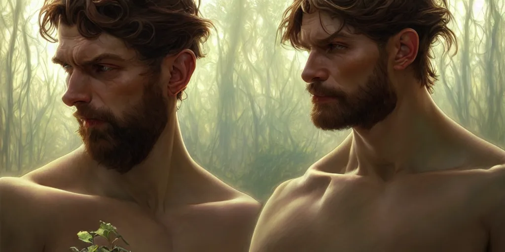 Image similar to caucasian man in park of forest gog, male, clear face, masculine, upper body, muscular, fantasy, intricate, elegant, highly detailed, digital painting, artstation, concept art, matte, sharp focus, illustration, art by artgerm and greg rutkowski and alphonse mucha