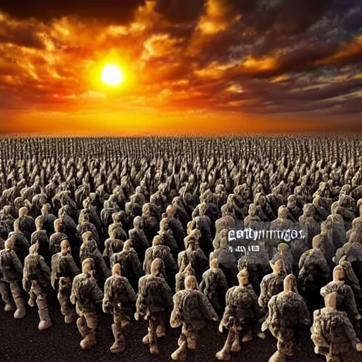 Prompt: an army of a million Barrack Obama’s on the battlefield with a beautiful sunset in the distance behind them, high contrast 4k hd photograph,