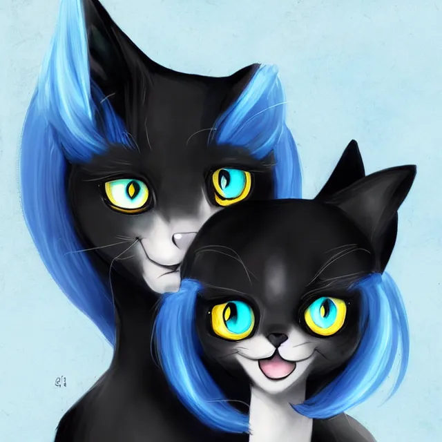 Image similar to anthro black cat with blue hair and blue eyes, pixiv, digital art