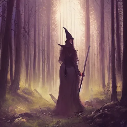 Prompt: witch performing a ritual in a dark forest painted by Greg Rutkowski, Raymond Swanland