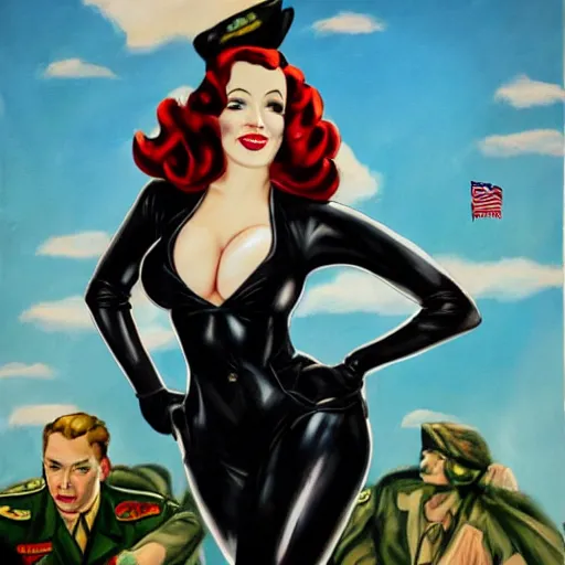 Image similar to Fully-clothed full-body portrait of Christina Hendricks as catwoman as a pinup painting on world war II bomber