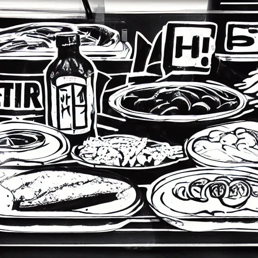 Image similar to marker paintings of street food with off white background in black and white