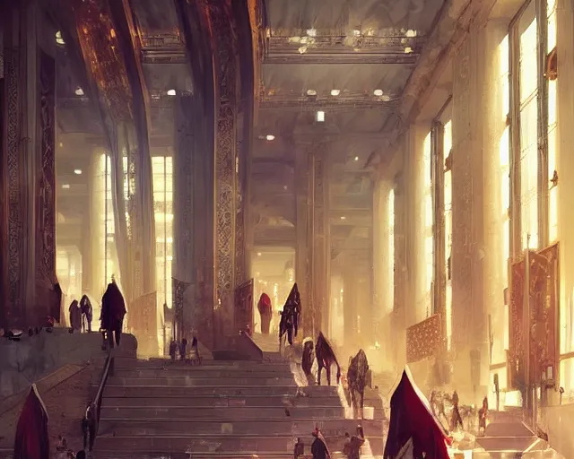 Prompt: a mall in the style of golden age persian empire, art by greg rutkowski and artgerma, stunning concept art, interior design architecture