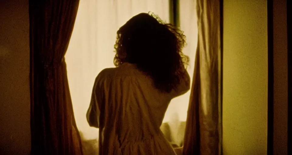 Prompt: 90s hallowin film, cinematic tones. Scene where a woman in white looking the window at midnight, focus her back