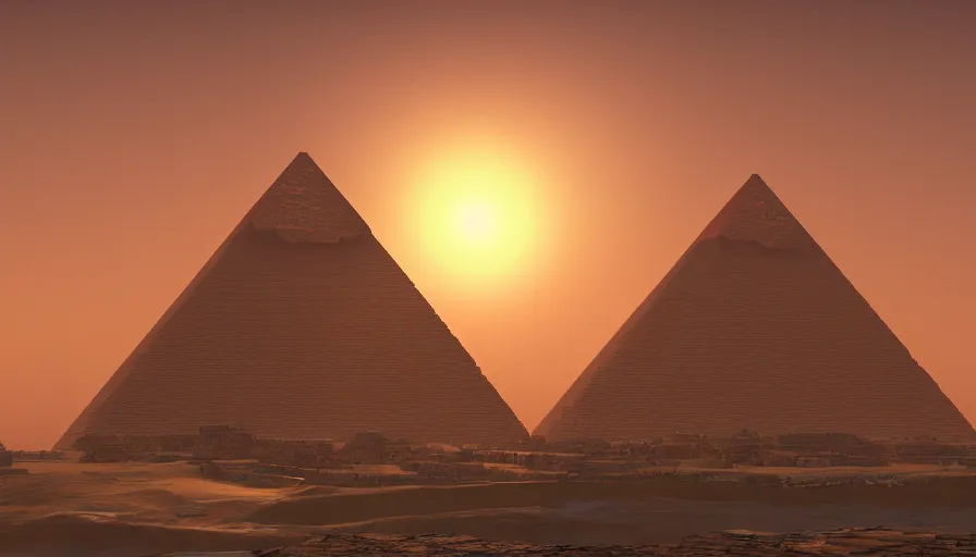 Image similar to Sunrise behind the Giza pyramid complex, hyperdetailed, artstation, cgsociety, 8k