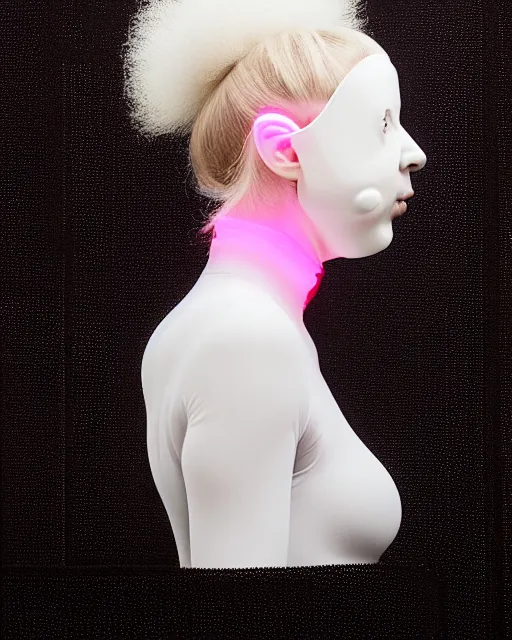 Image similar to portrait of a woman wearing a white embroidered translucent silicone mask and white neon pink frizzy hair buns, wearing a black bodysuit by alexander mcqueen, cream white background, soft diffused light, biotechnology, humanoide robot, bjork aesthetic, translucent, by rineke dijkstra, intricate details, highly detailed, masterpiece,