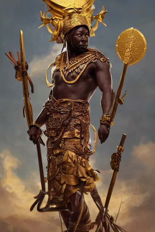 Image similar to ogun holding a great spear, African warrior deity wearing ancient golden armor, orisha God of hunters and craftsmen, strong masculine features, menacing cinematic mid portrait, digital illustration, octane render trending on arstation by artgerm, raphaelite and mucha