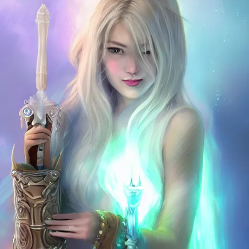 Image similar to a digital painting of a woman with blonde hair, a character portrait by feng zhu, cgsociety, fantasy art, ethereal glow, light white rainbow nails and a glowing chromatic sword behind her, medieval armour, waterfall, crocodile, tamborine, salt shaker, happy friend, fire, lamps, artstation hq, artstation hd, fantasy