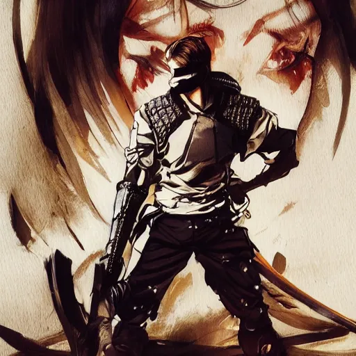 Image similar to portrait of a young white hero using his right arm to grip a katana that is covering his eye by yoji shinkawa, high quality, extra details, realism, ornate, colored, golden chain, blood, white skin, short hair, brown eyes, vivid, sunlight, red headband, black eyepatch, white american soldier, painting, cybernetics, military