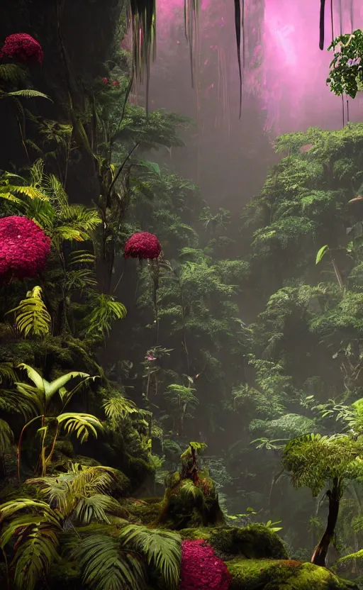 Image similar to a beautiful render of a dark prehistoric rainforest in a humongous cave, lush flora, patches of sky, magenta flowers, sunset, floating mountains and a waterfall in the background, intricate detail, hazy, humid, volumetric lighting, 8 k, photorealistic, raytracing effects, unreal engine 5