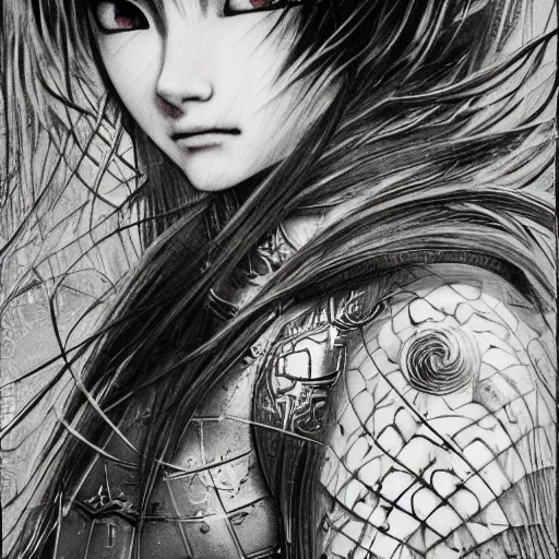 Image similar to Yoshitaka Amano realistic illustration of an anime girl with black eyes, wavy white hair fluttering in the wind and cracks on her face wearing Elden ring armour with engraving, abstract black and white patterns on the background, noisy film grain effect, highly detailed, Renaissance oil painting, weird portrait angle, blurred lost edges, three quarter view