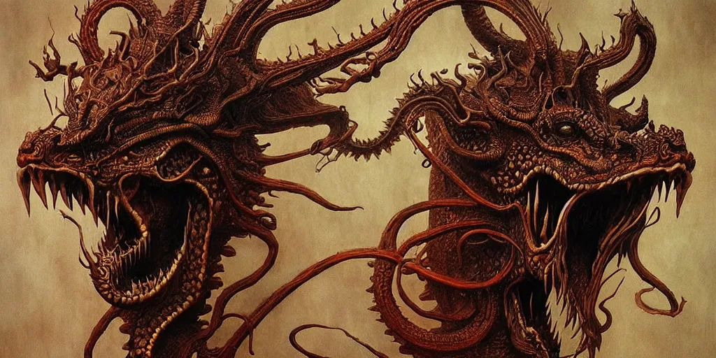 Image similar to nine chthonic spirit of dragon heads as hydra art by Daniel Dos Santos, Beksinski, Giger, intricate colourfully painted carved wood paneling, dark souls, ivory and copper , artstation