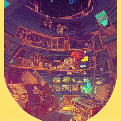 Image similar to Stunningly intricate illustration of a cyberpunk explorer playing video games in his treehouse, highly detailed, midnight, by Victo Ngai and James Gilleard , Moebius, Laurie Greasley