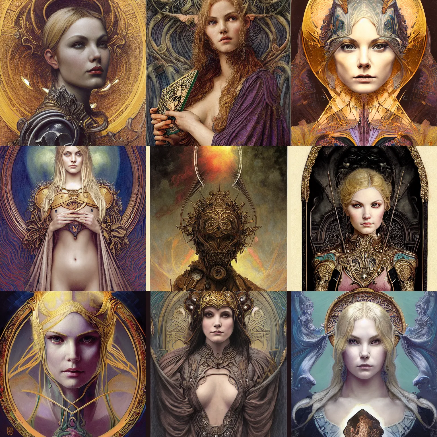Prompt: masterpiece head-on symmetrical centered portrait, Elisha Cuthbert as a paladin, fully armoured, blonde hair, masterpiece fractal art nouveau tarot card background, gothic painting style, victorian painting style, elegant, distant, in the style of Edgar Maxence and Ross Tran and Zdzisław Beksiński and Michael Whelan and Gustave Doré and H.R. Giger, specular highlights, 8k, octane render