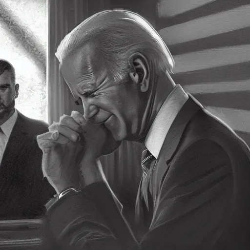 Prompt: joe biden crying, dramatic lighting, cinematic, establishing shot, extremly high detail, photorealistic, cinematic lighting, artstation, style by James Gurney