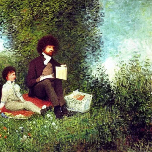 Image similar to napoleon and bob ross having picnic by monet