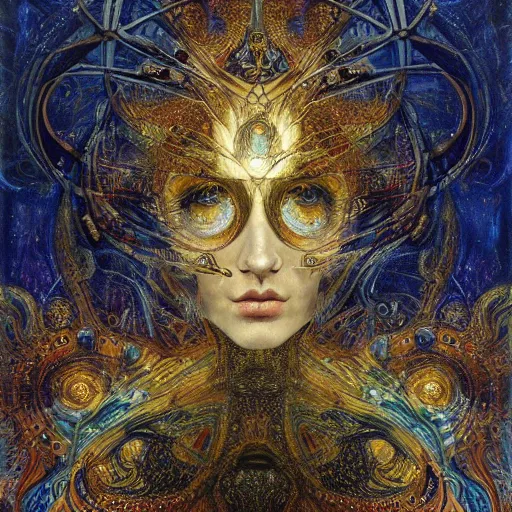 Image similar to Divine Chaos Engine by Karol Bak, Jean Deville, Gustav Klimt, and Vincent Van Gogh, celestial, visionary, sacred fractal structures, ornate gilded medieval icon, spirals