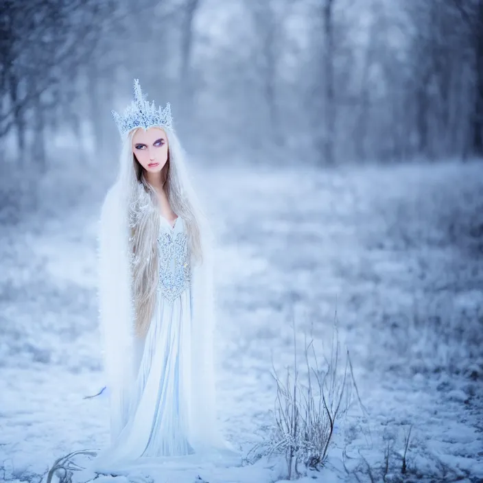 Prompt: photograph of a real-life beautiful ice queen with ornate white dress in an ethereal snowy landscape. Extremely detailed. 8k