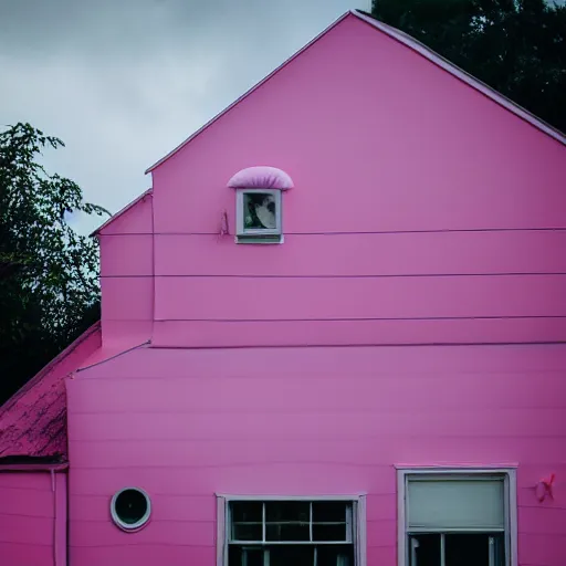 Image similar to a 5 0 mm lens photograph of a cute pink floating modern house, floating in the air between clouds, inspired by the movie up, held up from above by heart ballons. mist, playful composition canon, nikon, award winning, photo of the year