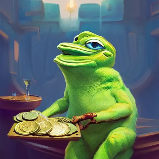 Image similar to super rich happy pepe, luxury, treasury, coins, money, hyper detalied, blue crystals, greg rutkowski, artstation