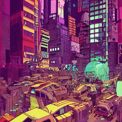 Prompt: a crowded cyberpunk intersection by Josan Gonzalez, golden ratio, heavy linework, clean strokes, sharp edges, flat colors, cell shaded