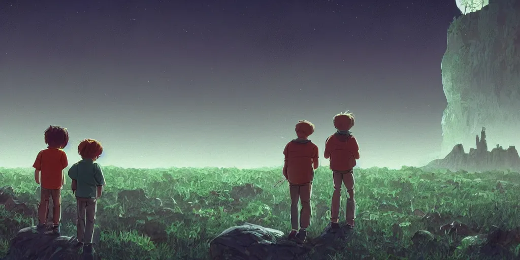 Image similar to highly detailed cell - shaded cartoon landscape with two boys looking at a miniature alien creature 1 9 7 0 s science fiction, moody, misty, depth perception, 4 k, artstation, in the style of studio ghibli