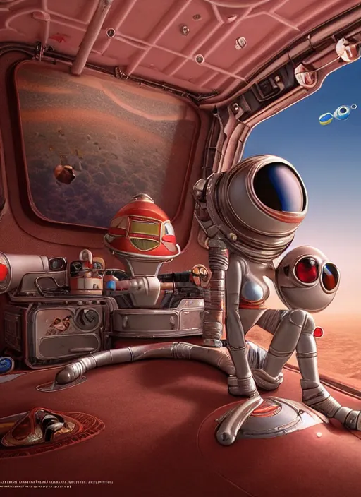 Image similar to highly detailed closeup, portrait of a tin toy bikini spacegirl in a spaceship on mars, unreal engine, nicoletta ceccoli, mark ryden, earl norem, lostfish, global illumination, detailed and intricate environment