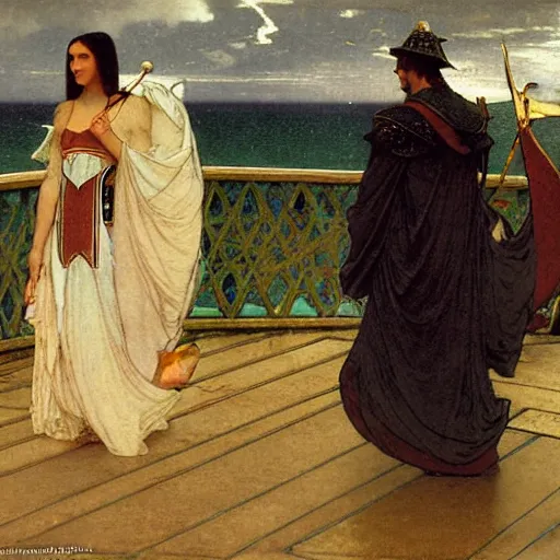 Image similar to Chalice knight leaving the castle through the bridge, thunderstorm, beach ocean on the background major arcana sky, by paul delaroche, alphonse mucha and arnold böcklin arnold böcklin hyperrealistic 8k, very detailed