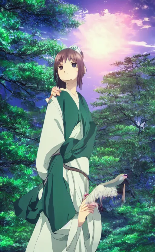 Image similar to girl and a crane in japanese pines, trading card front, kimono, realistic anatomy, cosplay photo, professional, by ufotable anime studio, green screen, volumetric lights, stunning, sun in the background, generate realistic face, pretty eyes