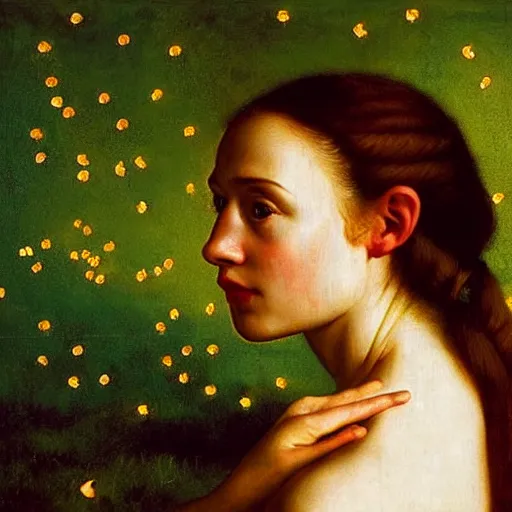 Prompt: portrait of a young woman, among the lights of golden fireflies and nature, long loose red hair, intricate details, deep green eyes, hint of freckles, round gentle face, cheeky smile with red lips, deep focus, smooth, sharp, golden ratio, hyper realistic art by artemisia lomi gentileschi and caravaggio