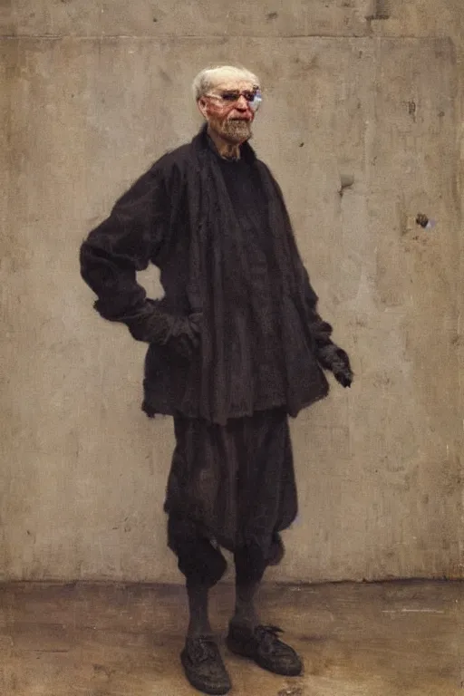 Prompt: standing portrait of an old wizened man dressed in cyberpunk - inspired designer streetwear by raf simons, painted by albrecht anker, jules bastien - lepage, william henry hunt, beautiful painting, soft lighting