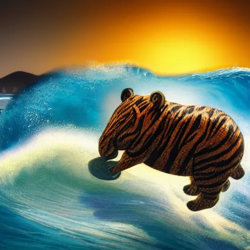 Image similar to a closeup photorealistic photograph of a cute smiling knitted tiger hippopotamus riding an epic wave at sunset. surf in the background. professional capture. brightly lit scene. this 4 k hd image is trending on artstation, featured on behance, well - rendered, extra crisp, features intricate detail, epic composition and the style of unreal engine.