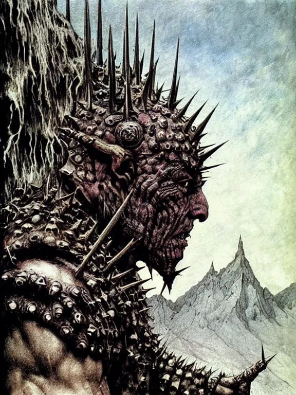 Image similar to A powerful large orc with pale skin covered in scars stands near the mountains, wearing spiky complex detailed armor without a helmet. Extremely high detail, realistic, fantasy art, scars, solo, masterpiece, saturated colors, art by Zdzisław Beksiński, Arthur Rackham