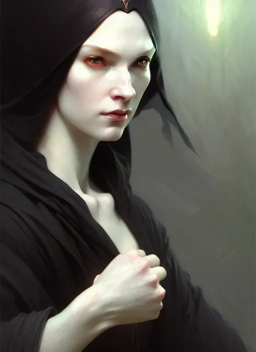 Image similar to character concept portrait of a female wizard with pale skin, dark vibe, intricate, elegant, digital painting, concept art, smooth, sharp focus, illustration, from Metal Gear, by Ruan Jia and Mandy Jurgens and William-Adolphe Bouguereau, Artgerm,