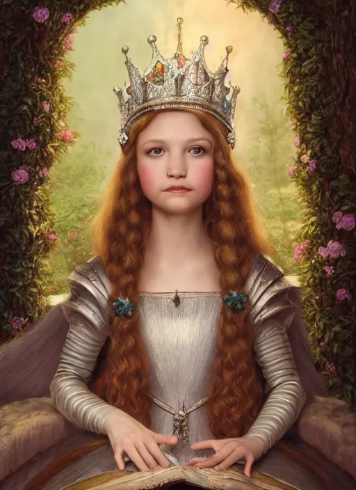 Image similar to highly detailed closeup portrait of a fairytale medieval princess wearing a crown and sitting on a throne, unreal engine, low - poly hands, nicoletta ceccoli, mark ryden, earl norem, lostfish, global illumination, god rays, detailed and intricate environment