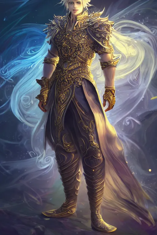 Image similar to fullbody portrait of a male fit hero with strange hairs, soft smile, baroque cloth, luminous scene, final fantasy and league of legends champion, by chengwei pan and sakimichan, gradient white to gold, in front of an iridescent magical building background, highly detailed portrait, digital painting, smooth, focus illustration