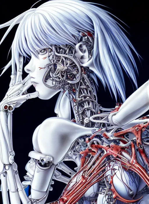 Image similar to Rei Ayanami by Yoshitaka Amano, by HR Giger, biomechanical hand, 4k, wide ayes, hyper detailed, hyperrealism, anime