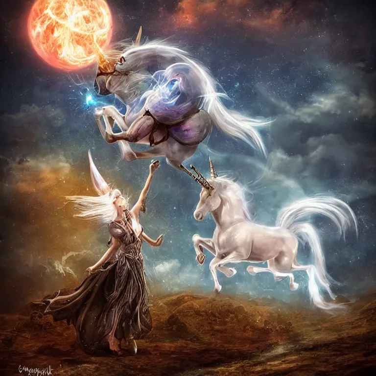 Prompt: Magical glowing sphere in midair containing a white celestial unicorn trapped inside it. A burnt landscape is in the background. The sphere is held by sinister rusting steel pincers that reach from the ground. Fantasy art in the style of Anne Stokes. Digital art, with lots of details, daily deviation on DeviantART