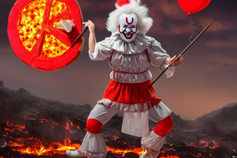 Image similar to pennywise as pulcinella!!! holding a pizza! with vesuvius in the background, glowing pools of lava, cloudy sky, an ultrafine detailed painting by joe fenton, full body, wide angle, post - apocalyptic feel, big depth of field, 3 d octane render, 4 k, perfect symmetrical face, masterpiece, hyperrealistic, trending on deviantart