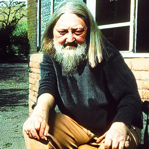 Prompt: robert wyatt with big robot cyborg legs