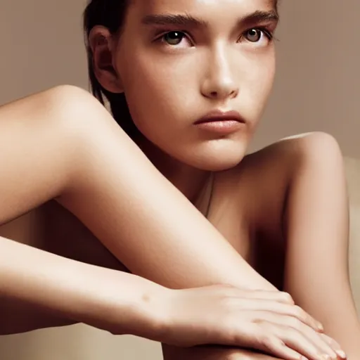 Image similar to close up of face of female fashion model sitting on chair, beige colors, official jil sander editorial