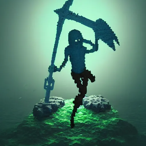 Image similar to voxel painting by greg rutkowski of a drowned zombie holding a trident with glowing cyan eyes, wearing ragged clothing, holding a trident, underwater, pastel green and blue color palette